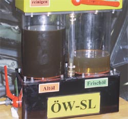 Nach dem Reinigungsvorgang kann ohne Unterbrechung der Ölwechsel vorgenommen werden. Dazu die Lenkung in Volleinschlag bringen (2. Mann oder Gurt), den Rücklaufhahn auf neu stellen, warten bis die Frischölmenge auf min steht, den Vorlaufhahn auf neu stellen.